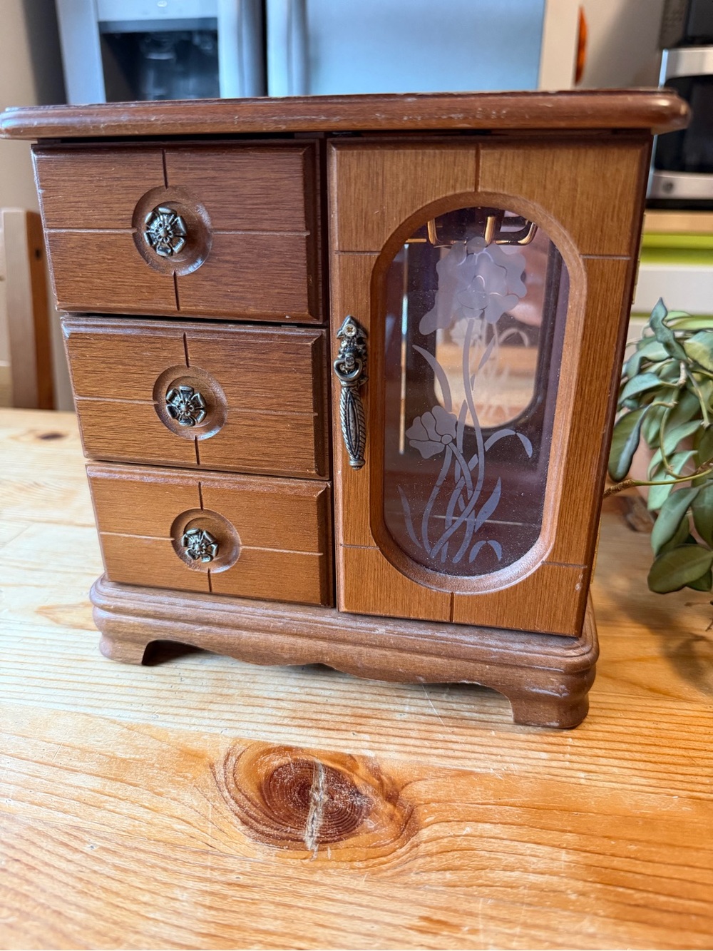 Vintage Wooden Jewelry Cabinet with Floral Glass Door